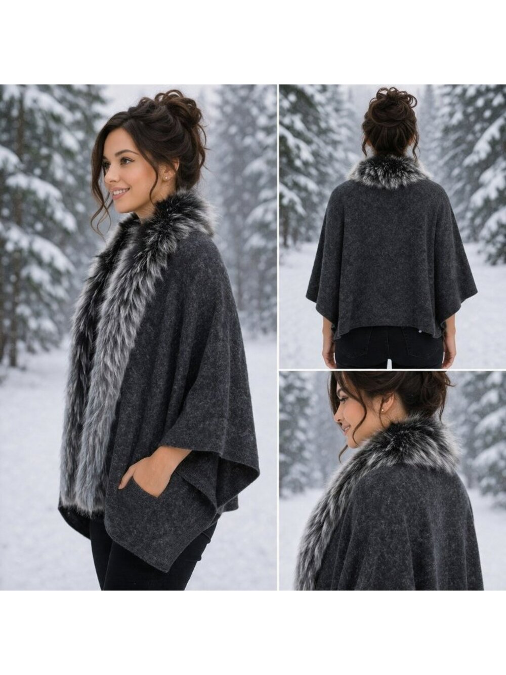 Magaschoni 100% Cashmere Cape With Fox Fur Trim Womens 2 Gray - Picture 4 of 13